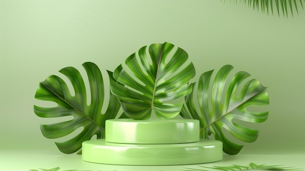 Photo green pedestal display with monstera palm leaves for product and text