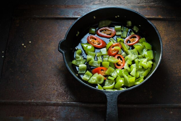 Green pepper and chili on a castiron frying pan side view