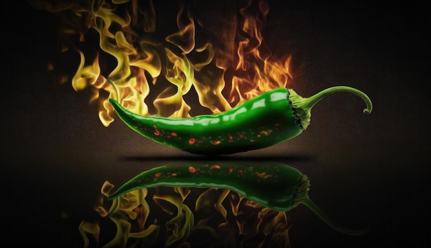 A green pepper is in front of a fire.