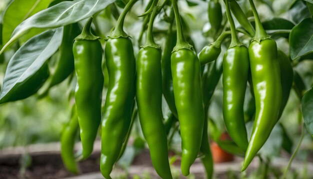 Foto un peperoncino verde sta crescendo su una pianta con altri peperoncini verdi