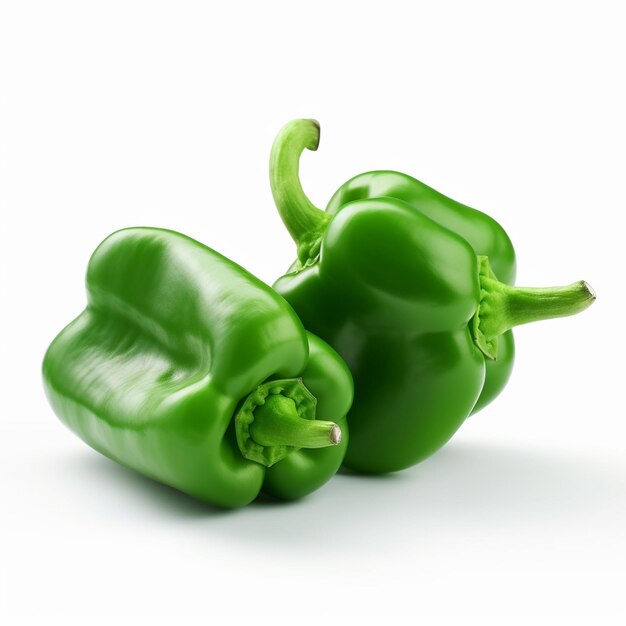 A green pepper is laying on a white surface.