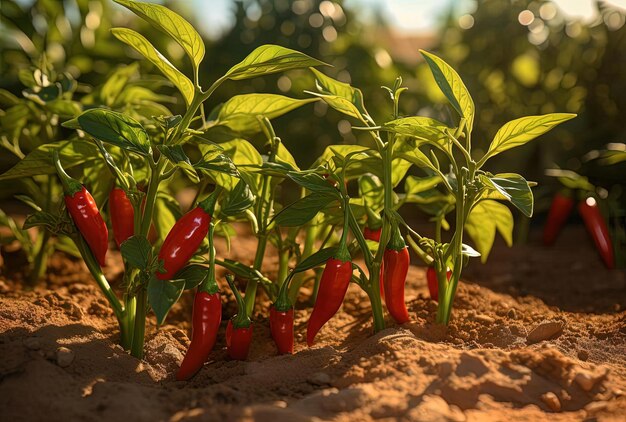 green pepper plants grown in the middle of dirt in a garden in the style of light red and amber