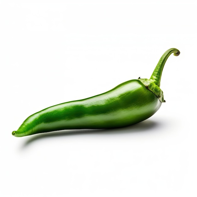 Photo a green pepper with a large stem is on a white background.