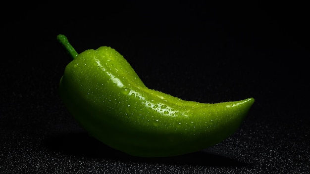 green pepper with water drops on black background