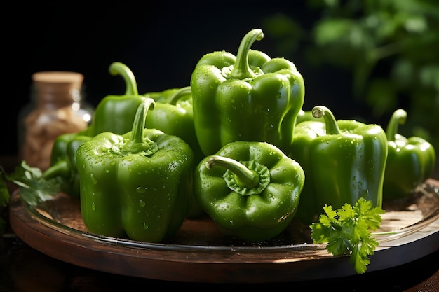 green pepper on wooden table vegan food concept