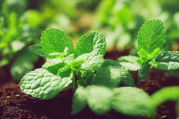 Green peppermint herb growing in ground