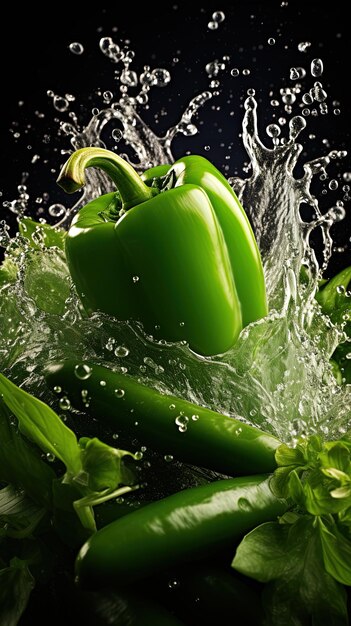 Photo green peppers are being sprayed with water and bubbles