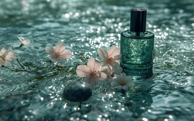 Photo green perfume bottle amidst floral water