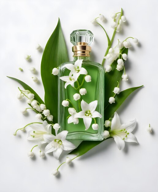 Green perfume bottle with flowers lily of the valley perfume bottle mock up