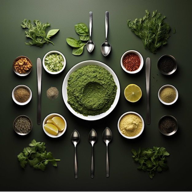 Green pesto sauce in bowls and spoons on green background top view