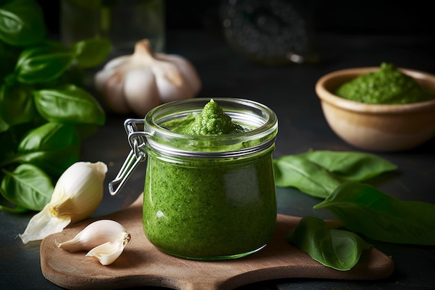 Green pesto sauce made of wild garlic generate ai