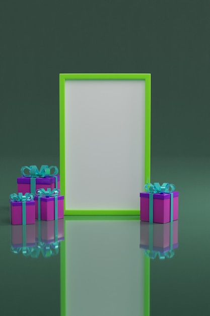 Green photo frame with purple giftboxs on green giftboxs