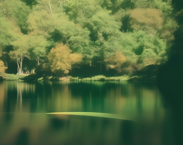 A green photo of a lake with a boat in it