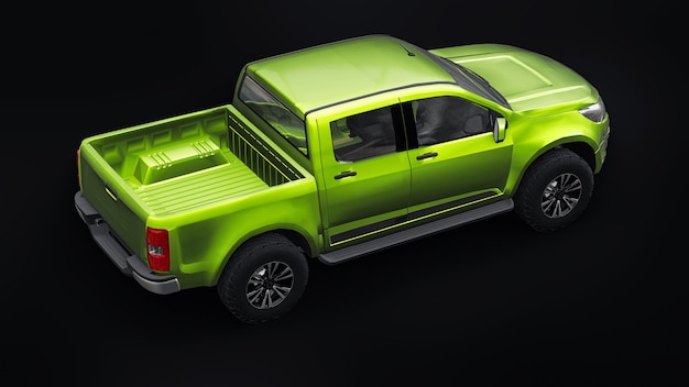 Green pickup car on a black background. 3d rendering.