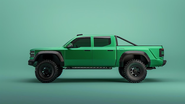 Photo a green pickup truck is shown in profile on a green background the truck has large wheels and a black grille