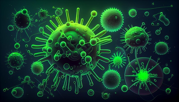 A green picture of a virus and bacteria