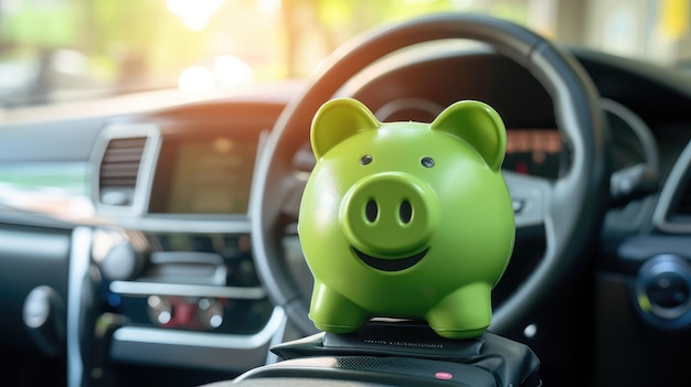 Green piggy bank money box in car interior vehicle purchase insurance or driving and motoring cos