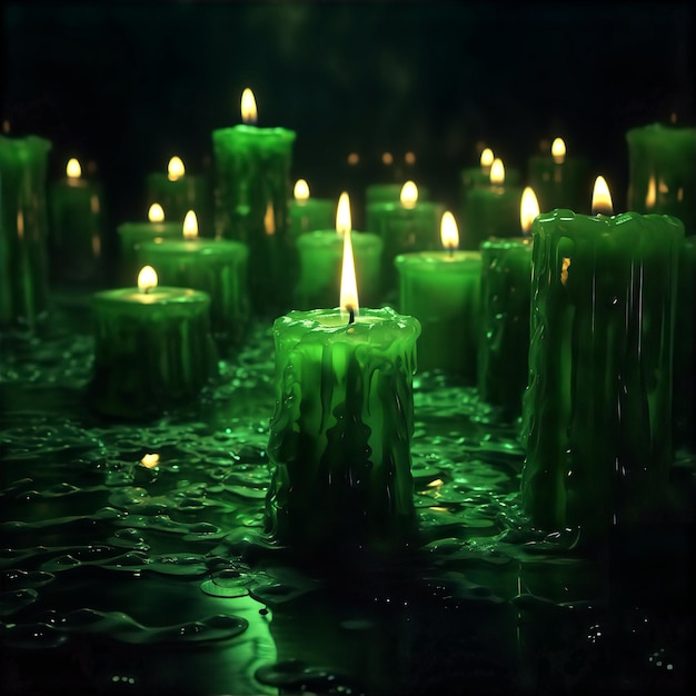 Green pillar candles with wax dripping