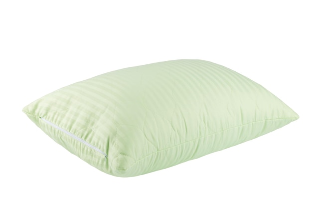 A green pillow with white stripes on it.