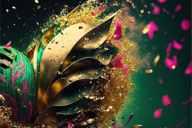 Green and pink abstract background for carnival party concept with gold foil streamers and shiny confetti