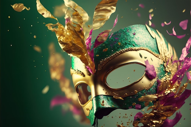 Green and pink carnival mask with glitter on a background of gold foil confetti and streamers