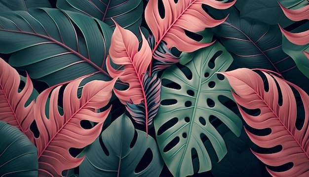 Green and pink plant leaves background floral tropical leaf.