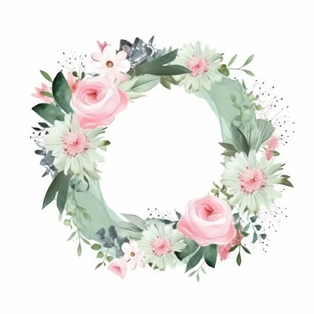 Green and Pink Watercolor Wedding Frame Illustration AI Generative