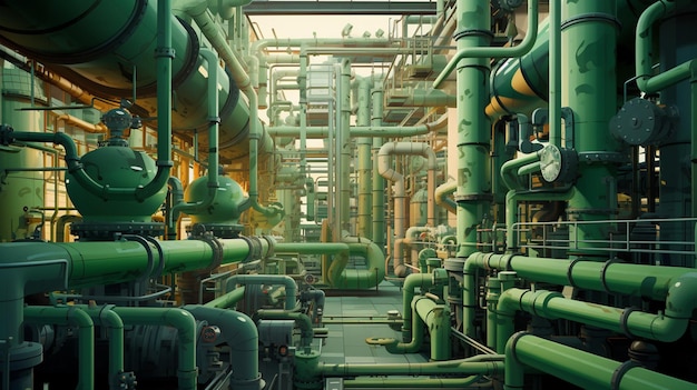 Green pipes run through the entire plant