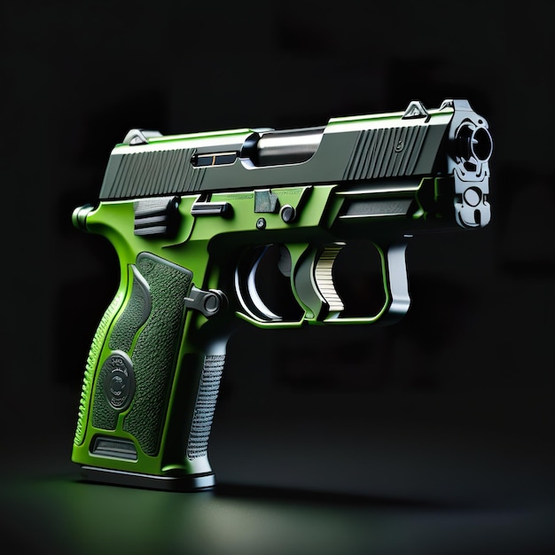 Photo green pistol with futuristic design on dark background generative ai