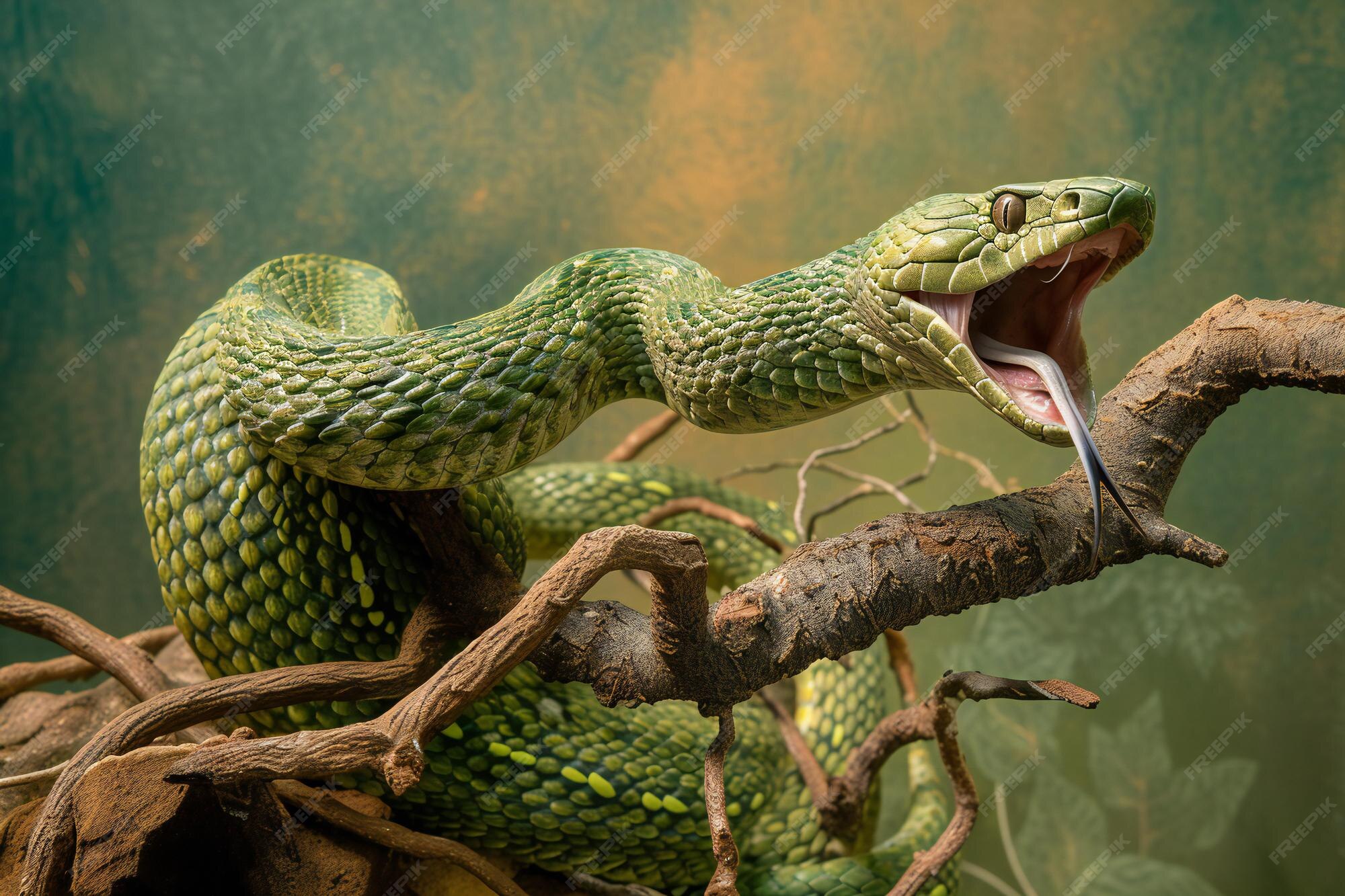 Premium Photo | Green pit viper snake on a branch with open mouth and