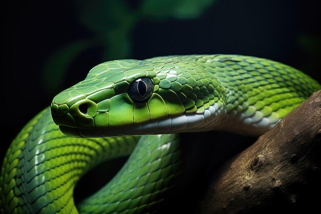 Green pit viper snake closeup on a dark background Green ratsnake Gonyosoma oxycephalum AI Generated