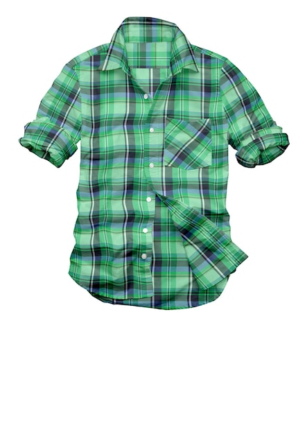 A green plaid shirt with the word " on it " on the front.