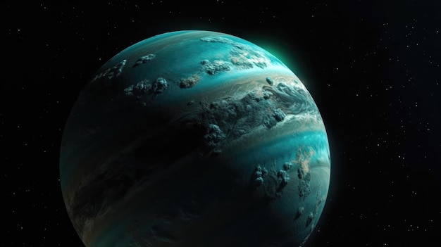 A green planet with blue and green rings in the background