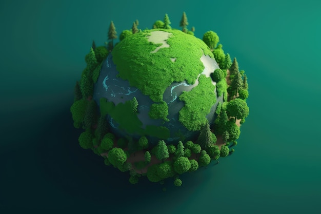 A green planet with a forest on it