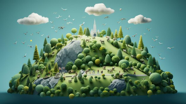 Green planet with many trees and birds flying around