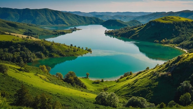 Foto pianeta verde con colline ondulate e laghi cristallini