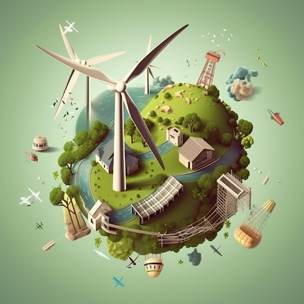 A green planet with a windmill and a windmill on it.