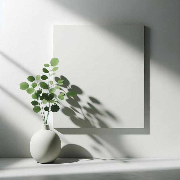 A green plant against a large empty white wall