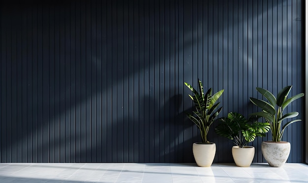 コンクリートの壁の背景にある黒い鍋の緑の植物 3Dレンダリング