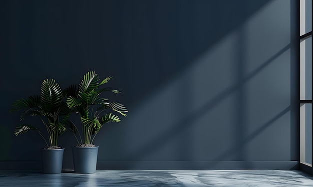 Green plant in black pot on concrete wall background 3D rendering