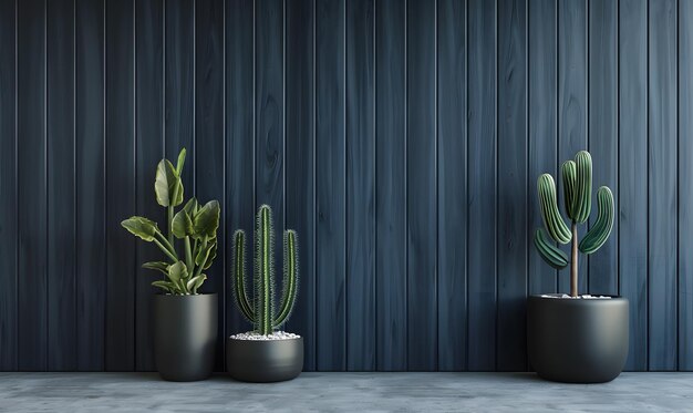 Green plant in black pot on concrete wall background 3D rendering