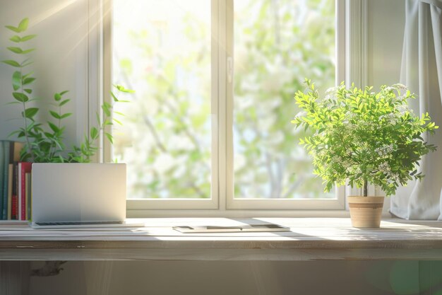 Green plant on desk with springtime window view