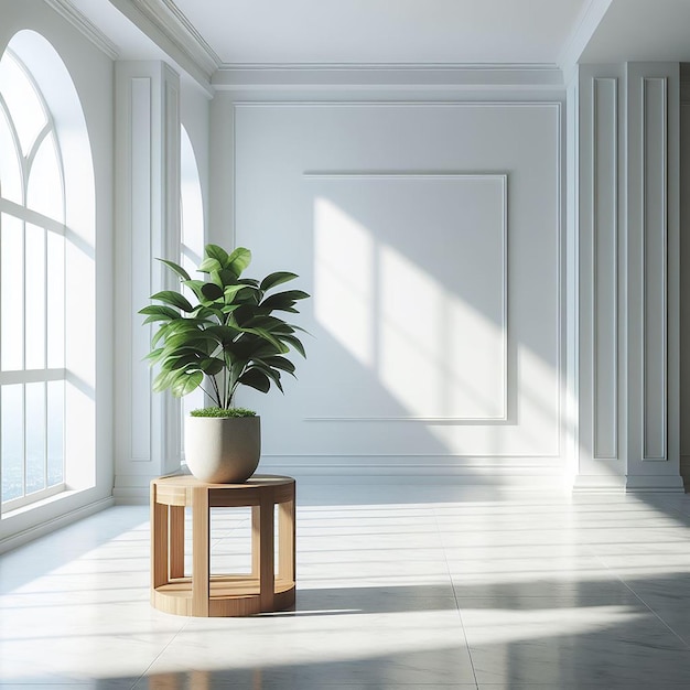 A green plant in an empty white room