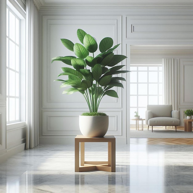 A green plant in an empty white room