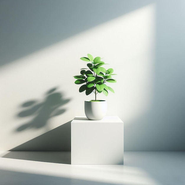 A green plant in an empty white room