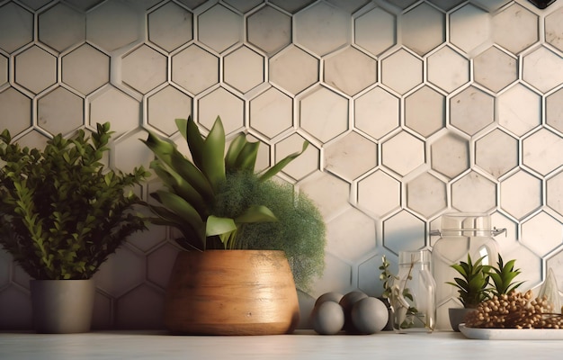 The green plant in front of a white hexagon tiled wall