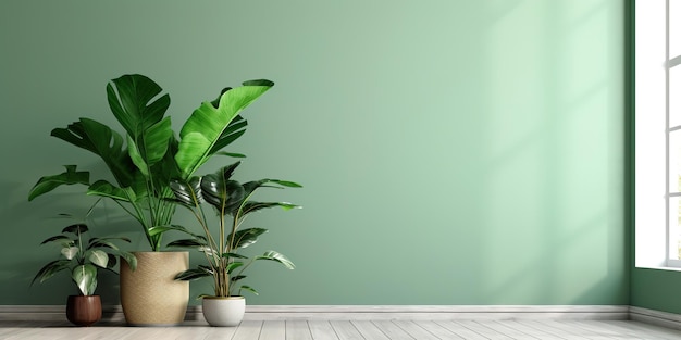 Green plant in green living room with copy space