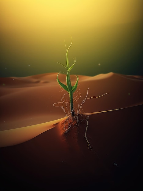 a green plant growing in the desert