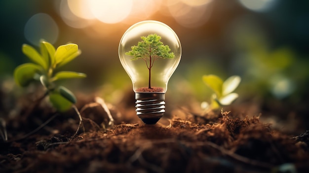 電球の内側の汚れの中で成長する緑の植物 エコロジーと環境の視点 Generative AI