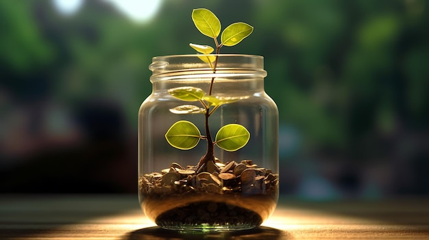 Green Plant growing from the glass jars full of golden coins on blurred green natural backgroundCreated with Generative AI technology